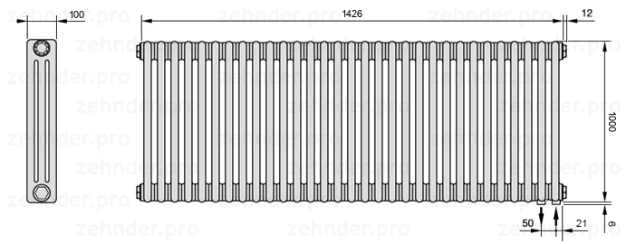 Схема (чертеж) Радиатор Zehnder Charleston 3100/31 №5510 Белый глянцевый RAL 9016